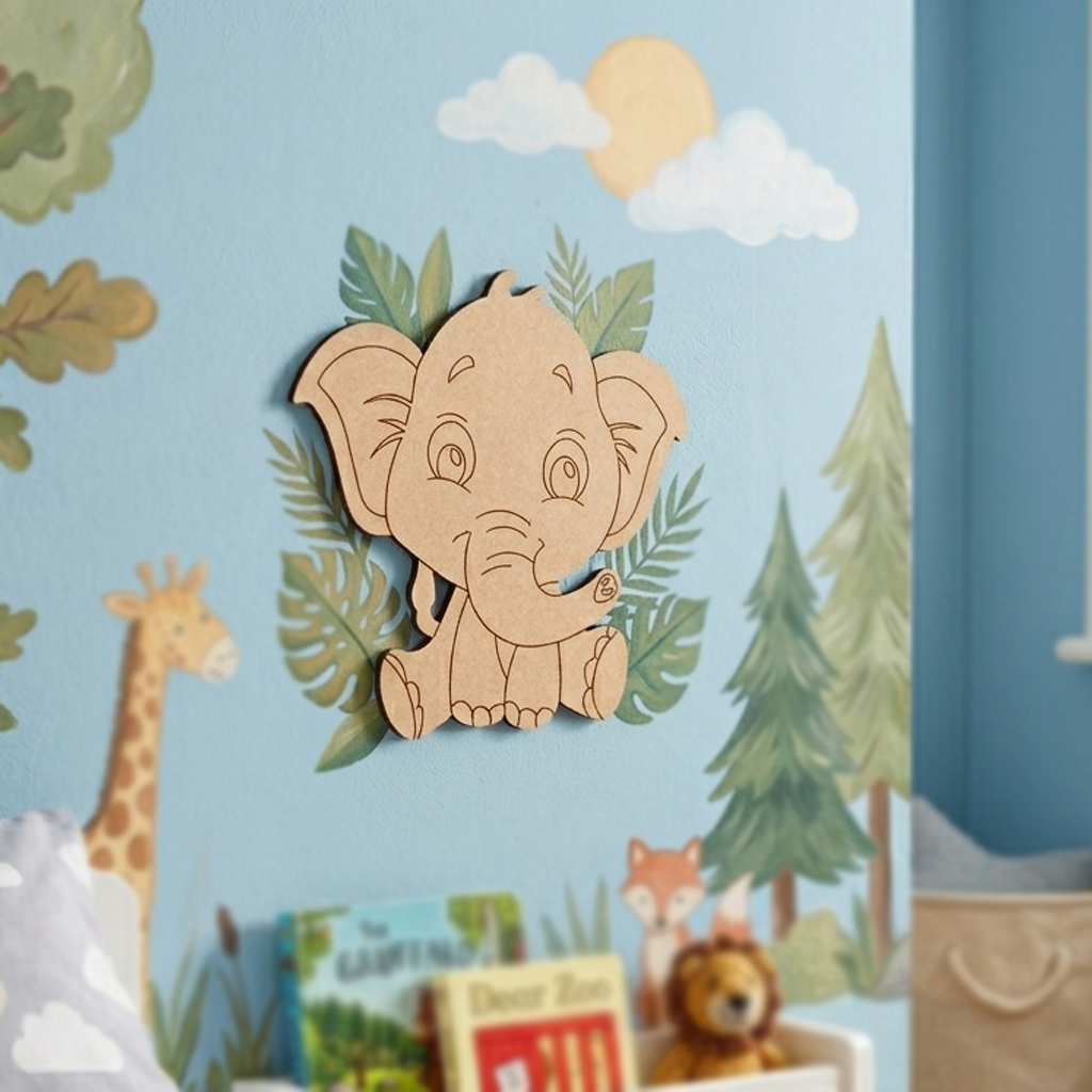 MDF DIY  elephant wall decoration in a child's room with books and toys.