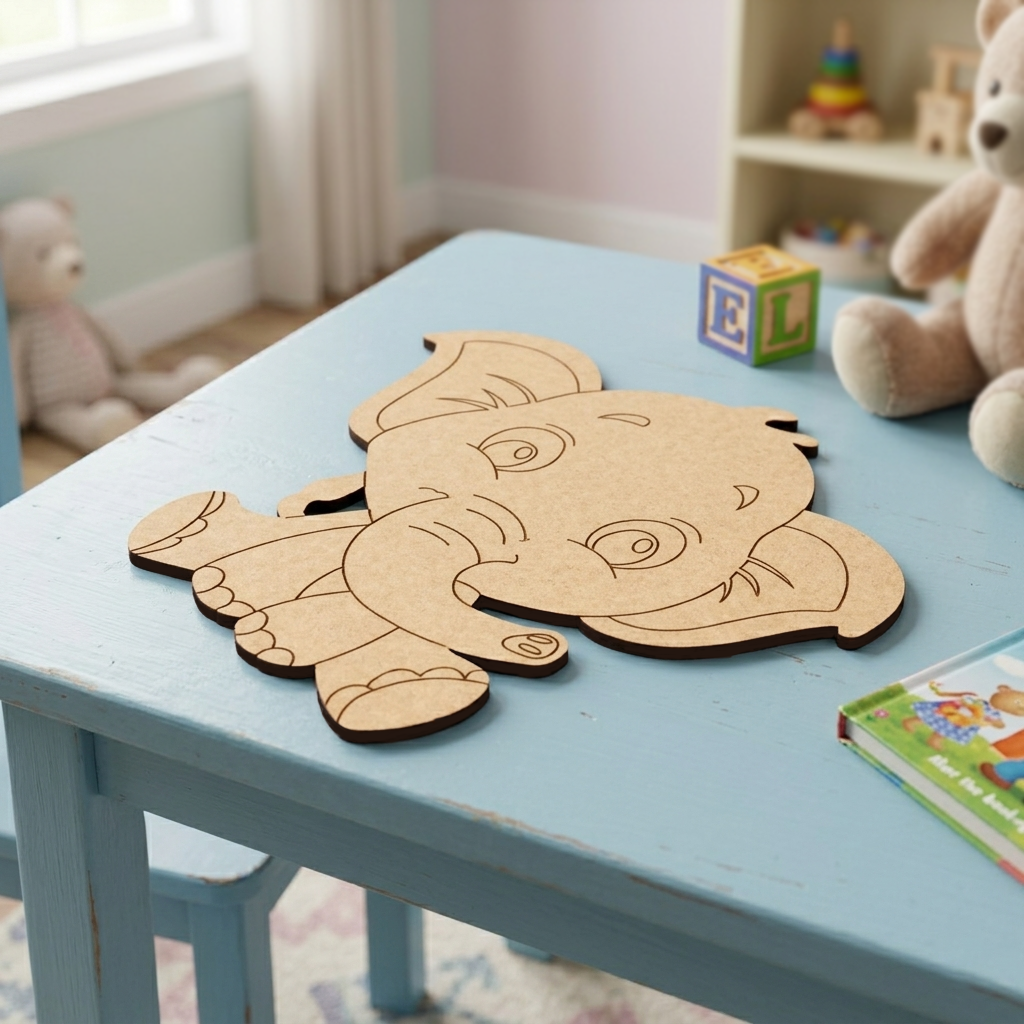 MDF DIY  cutout of a bear on a blue table with toys in the background
