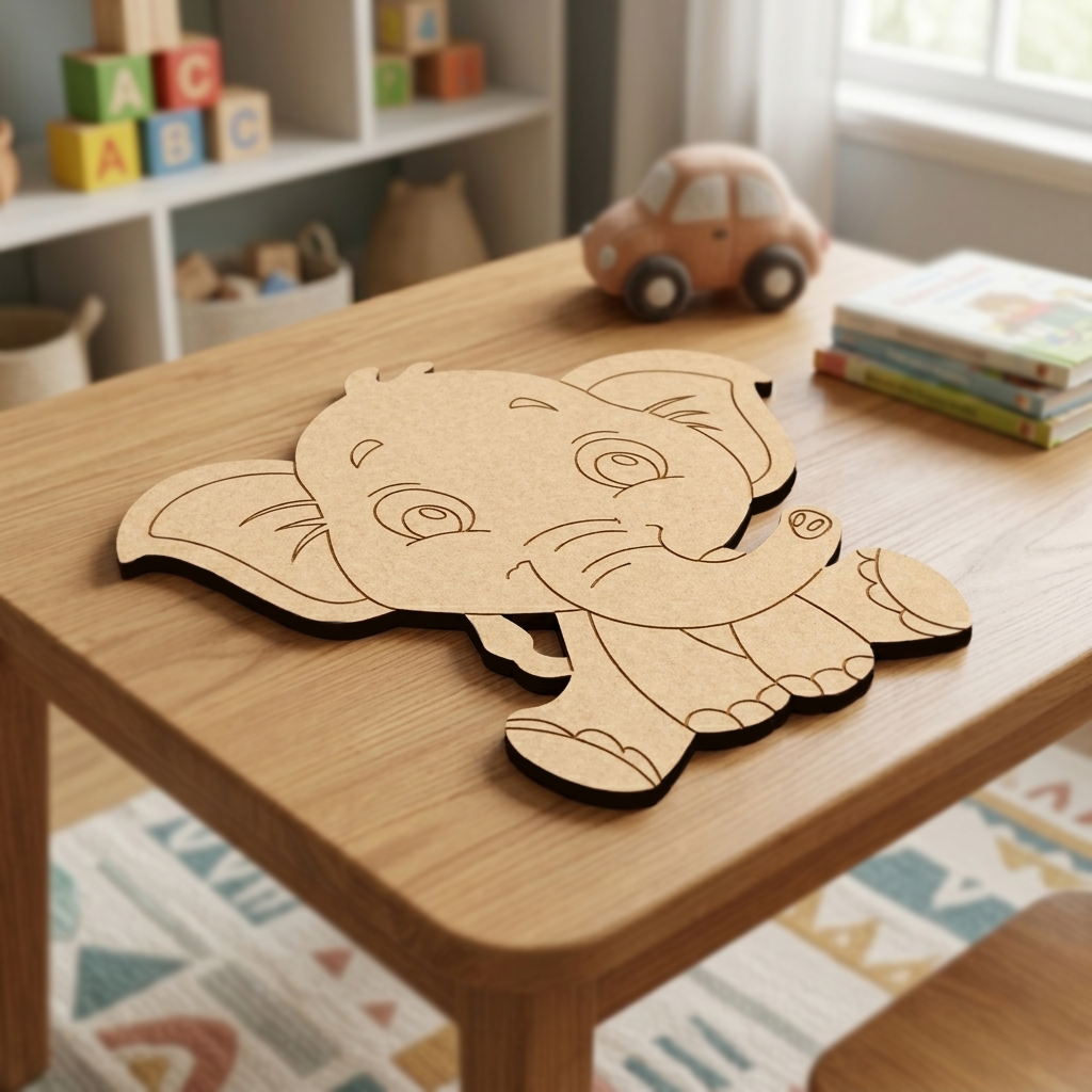 MDF DIY  elephant puzzle on a wooden table with a child's room in the background