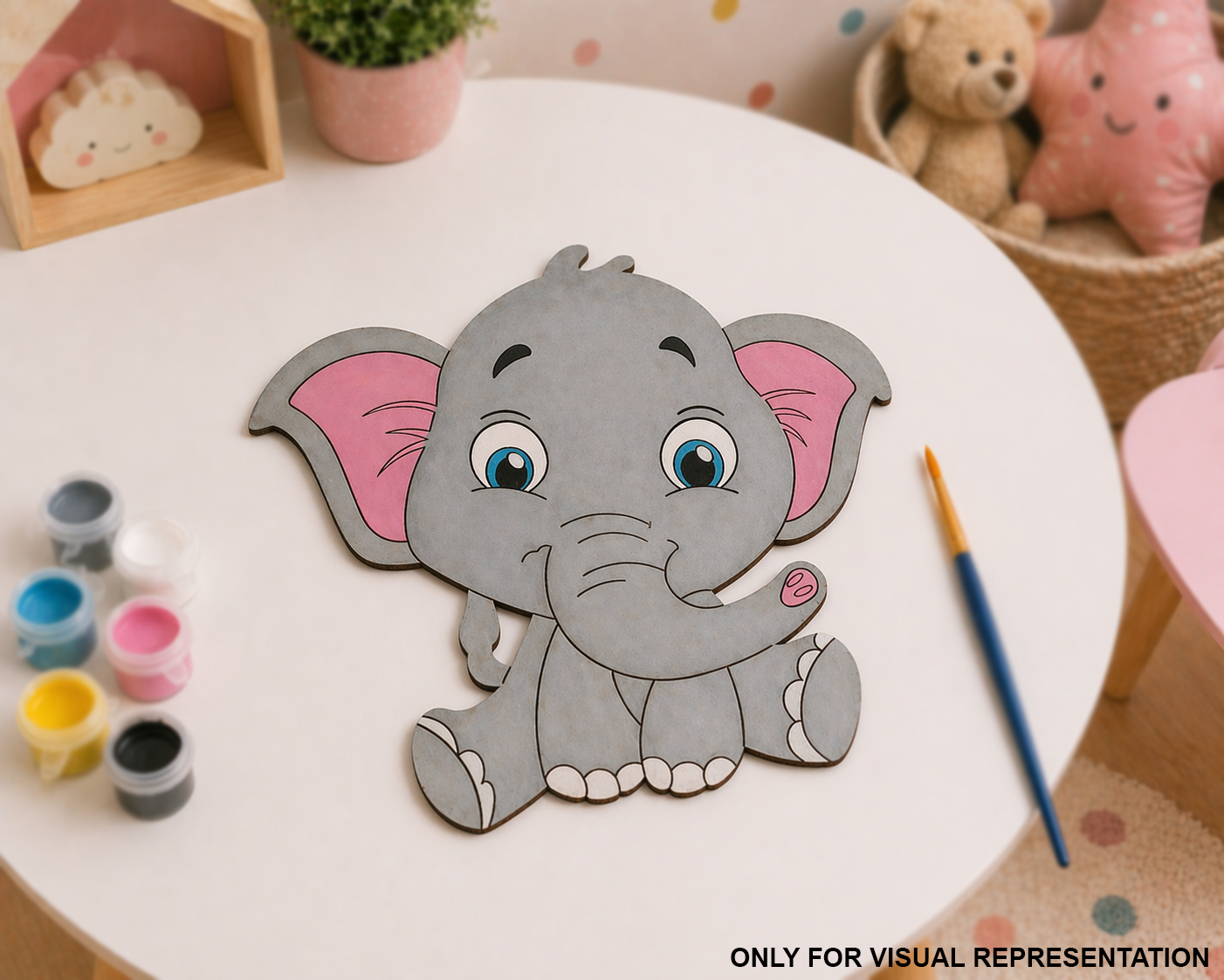 MDF DIY Cartoon elephant cutout on a table with paint cans and a brush, surrounded by decorative items.