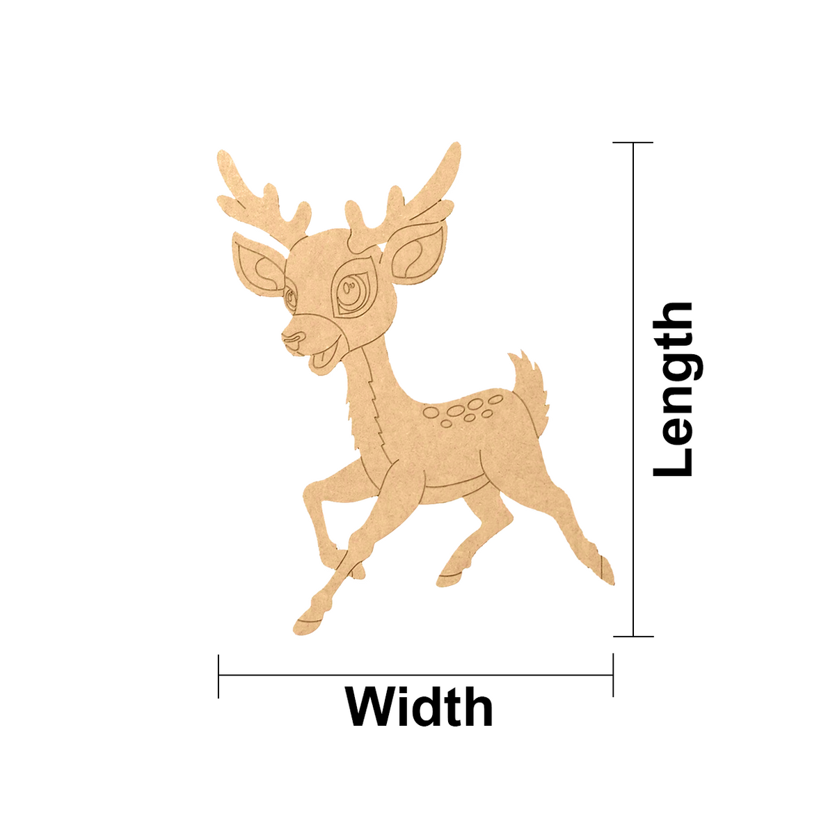 MDF DIY deer cutout with measurements on a white background