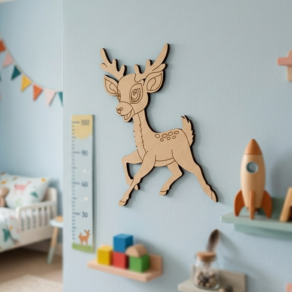 MDF DIY  deer wall decoration in a child's room with toys and a crib.