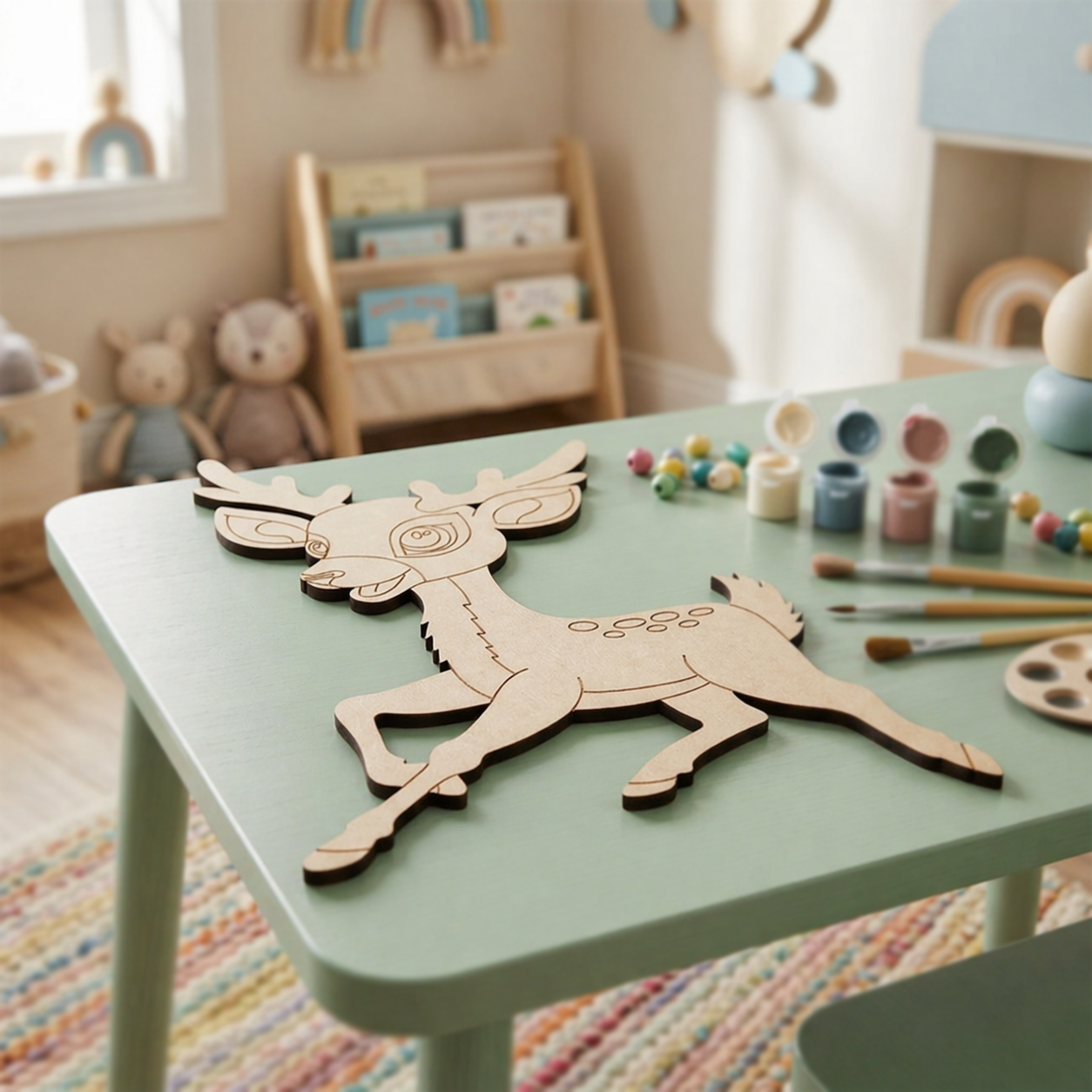 MDF DIY deer cutout on a green table with art supplies in a child's room