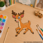 Colorful MDF DIY deer cutout on a wooden table with art supplies.