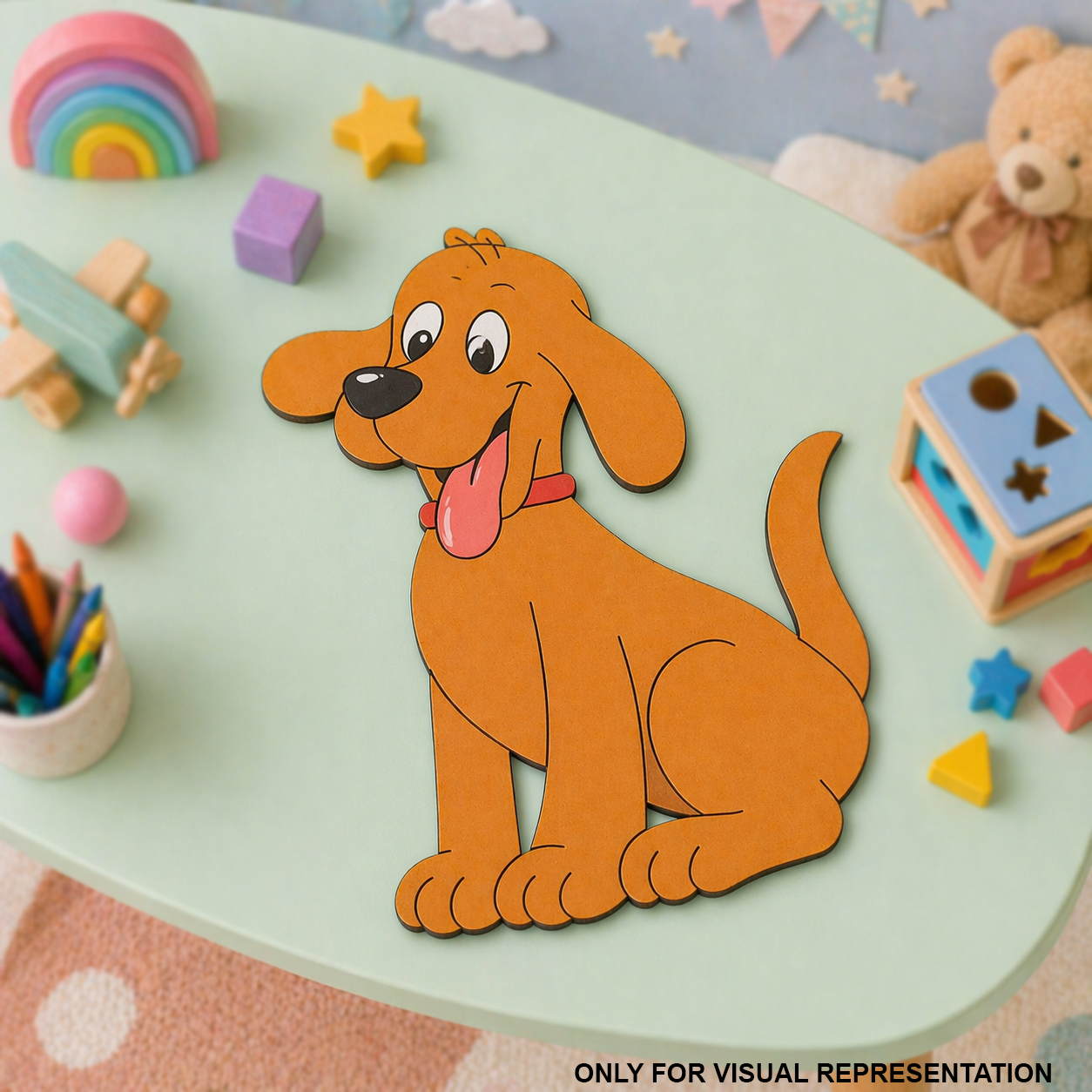 MDF DIY Cartoon dog cutout on a table with colorful toys and stationery