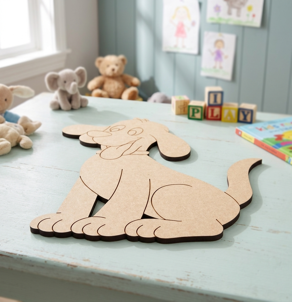 MDF DIY  dog cutout on a table with toys and children's drawings in the background
