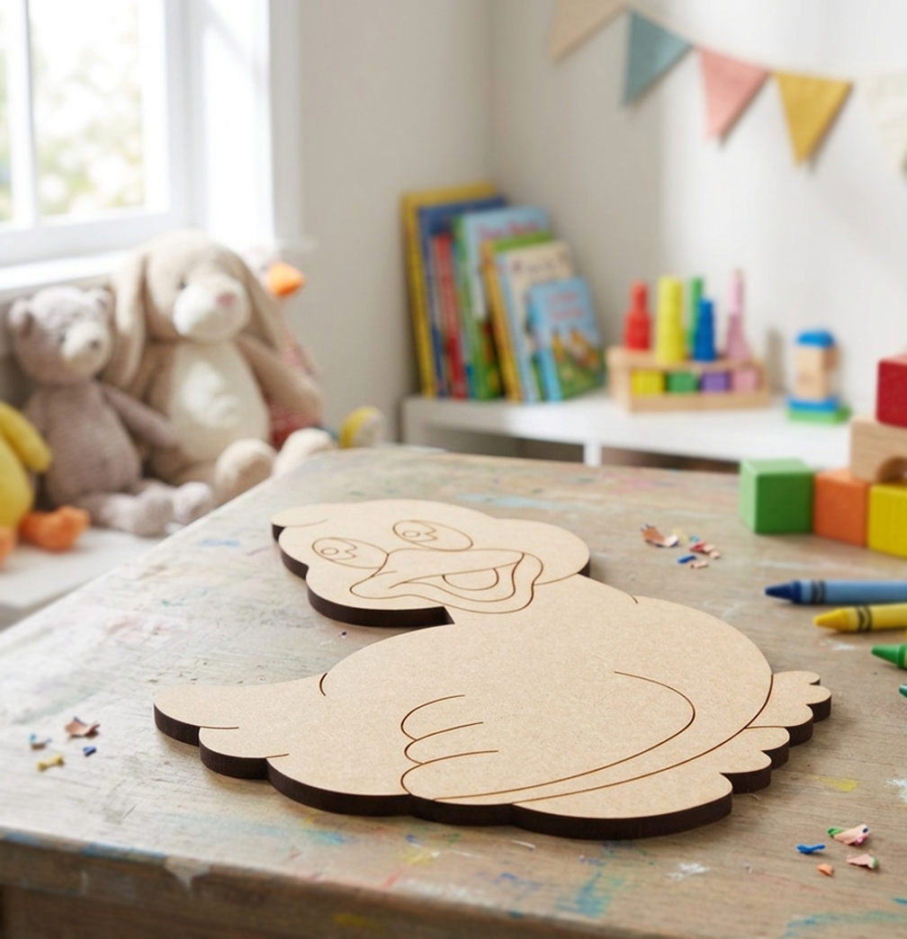 MDF DIY duck puzzle on a table with colorful toys and books in the background