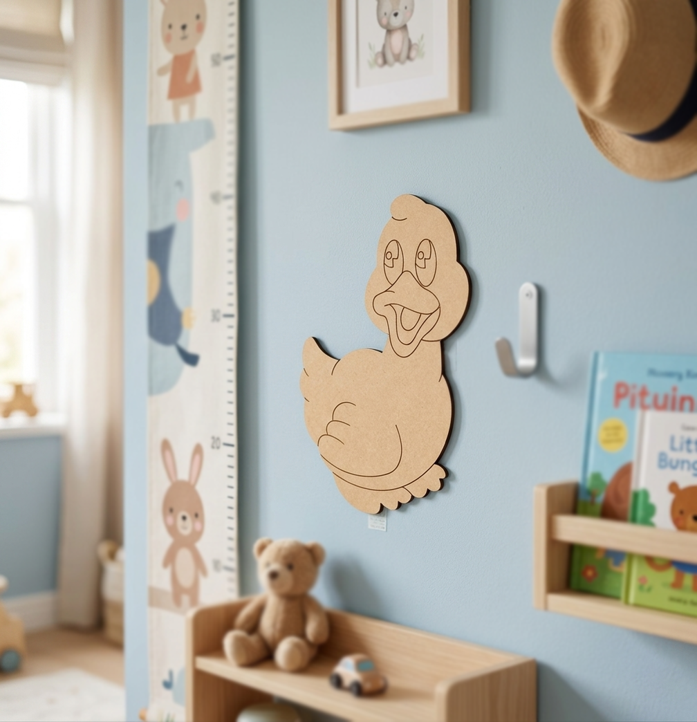 Children's room with a MDF DIY  duck-shaped wall decoration, teddy bear, and books on a shelf.