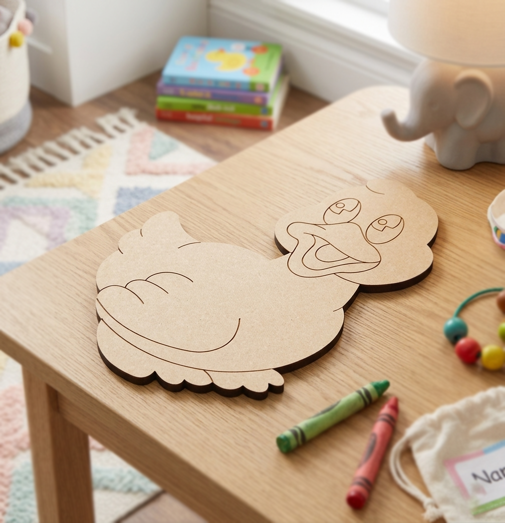 MDF DIY craft shapes on a table with crayons and books in the background