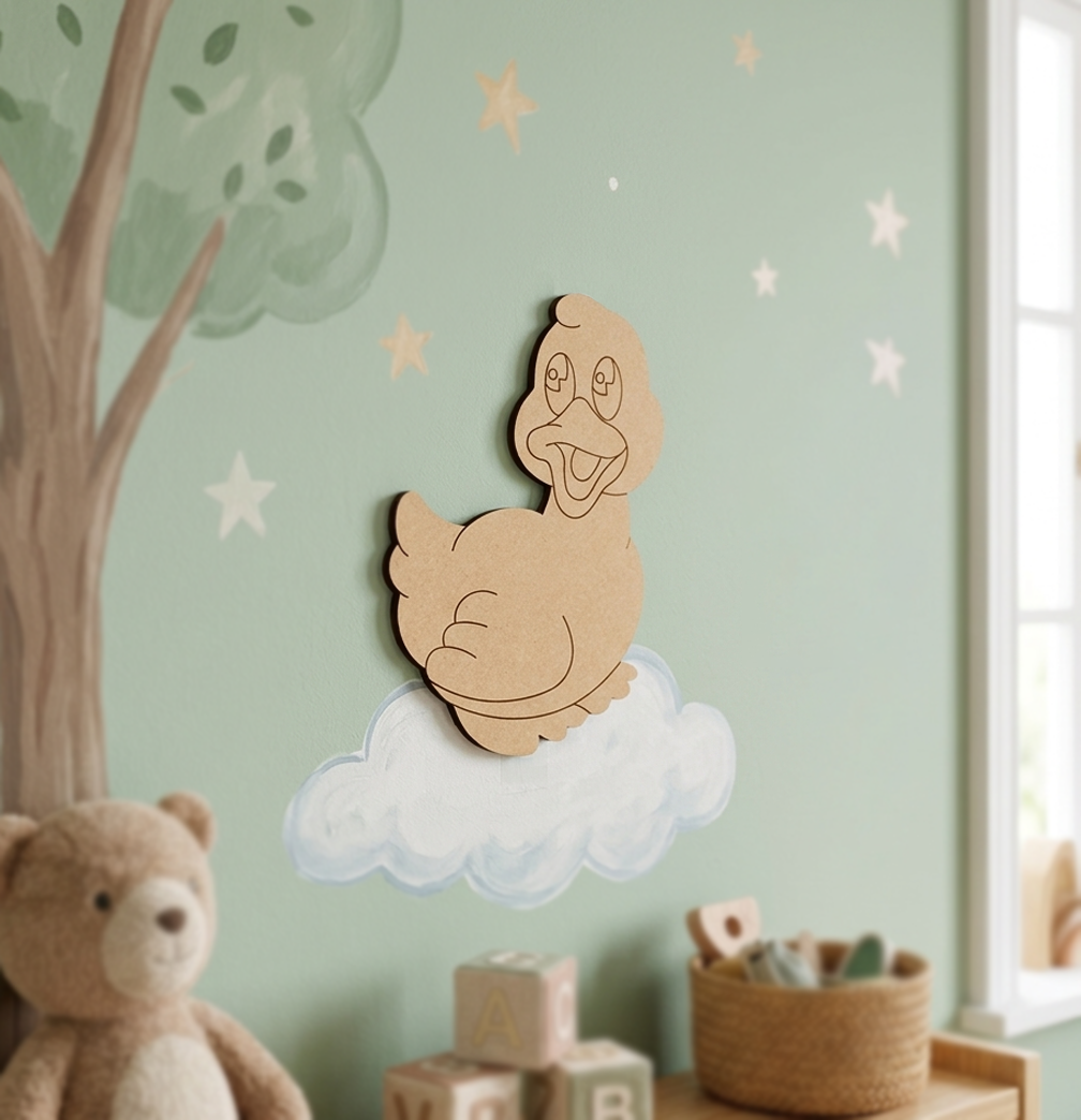 MDF DIY  duck wall decoration on a light green wall with a teddy bear and blocks in the foreground.