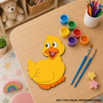 MDF DIY  Yellow duck cutout on a wooden table with paint pots and brushes
