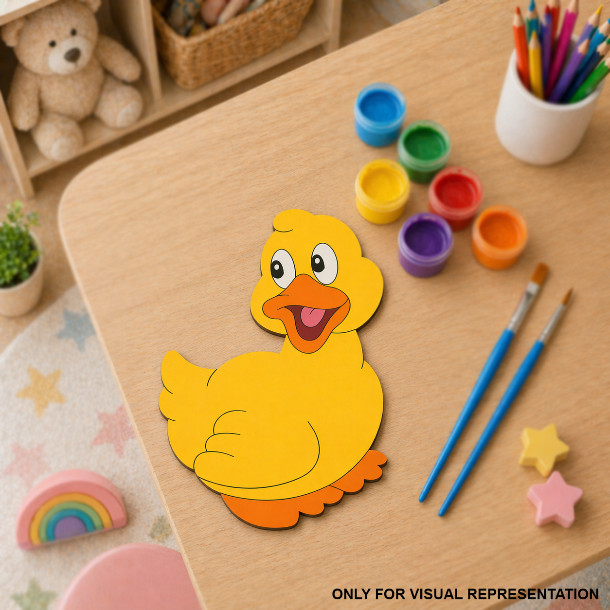 MDF DIY  Yellow duck cutout on a wooden table with paint pots and brushes