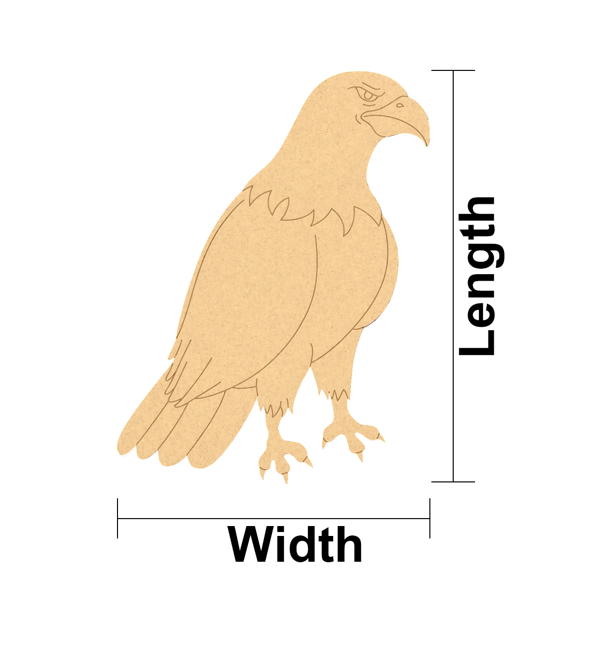 MDF DIY  cutout of an eagle with measurements labeled on a white background