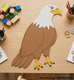 MDF DIY  cutout of an eagle on a wooden table with colorful blocks and pencils.