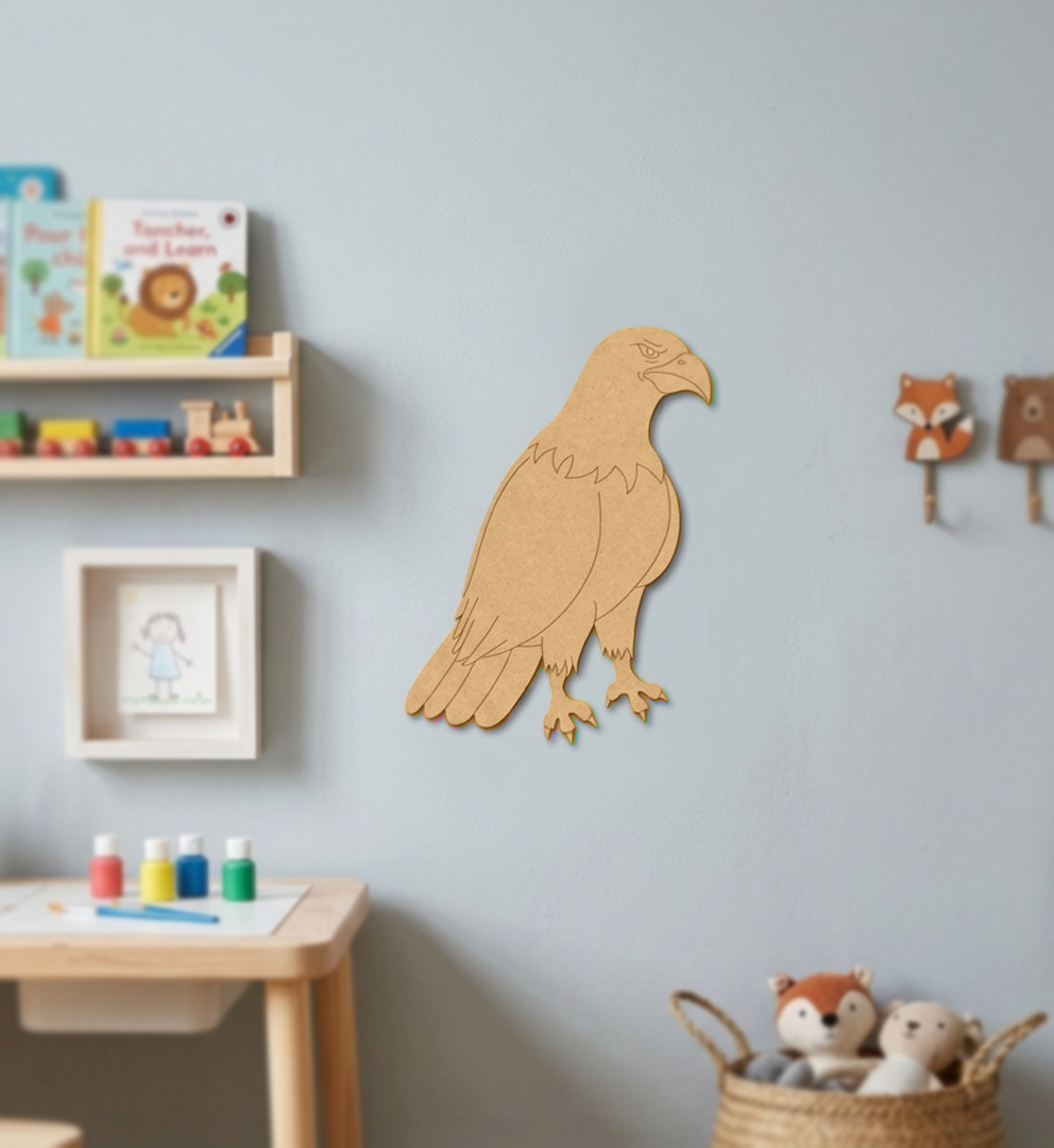 MDF DIY  eagle wall decoration in a child's room with toys and books.