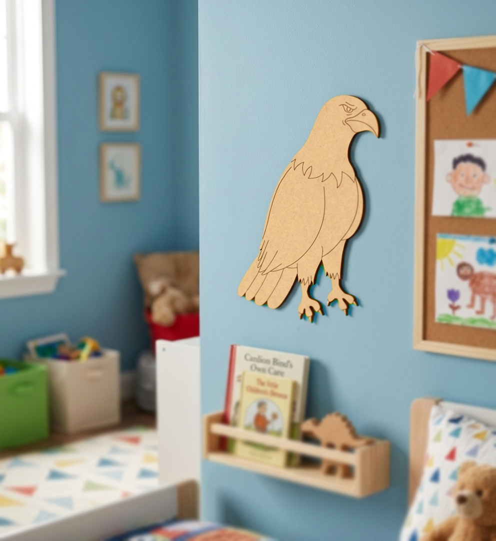 MDF DIY  eagle decoration on a blue wall in a child's bedroom with books and toys.