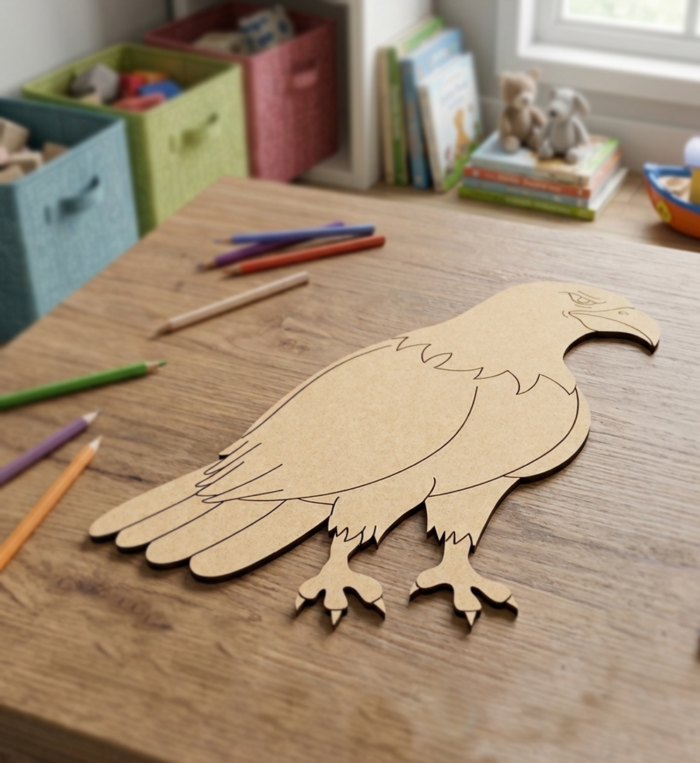MDF DIY  cutout of an eagle on a wooden table with coloring supplies and toys in the background.