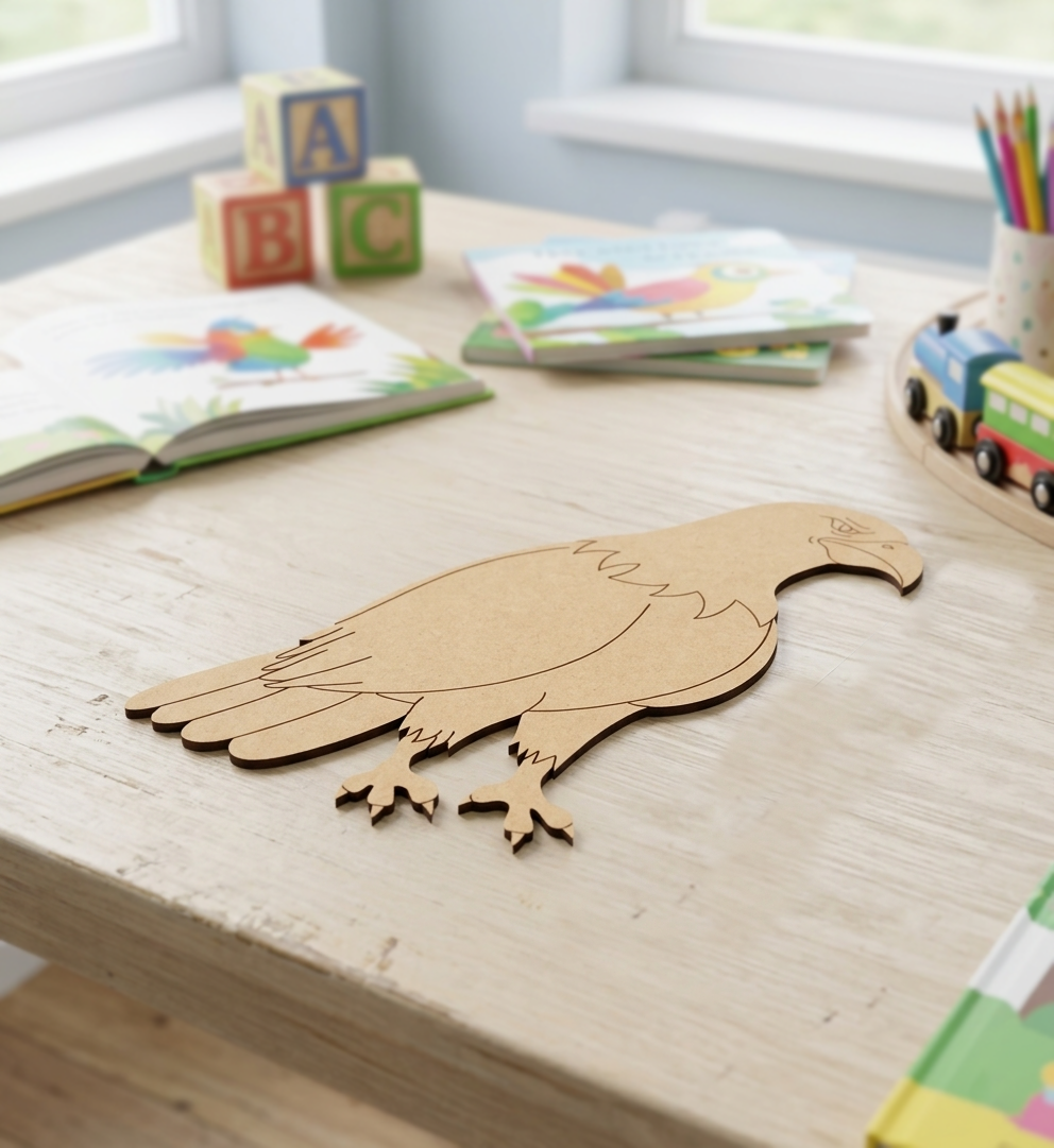 MDF DIY  bird cutout on a children's table with books and toys in the background.