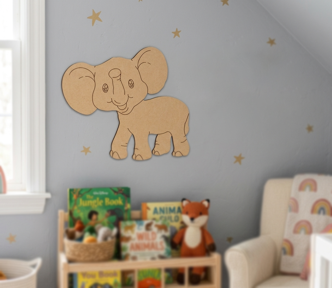 Children's room with a wall decal of an MDF DIY  elephant, books, and a plush toy on a shelf.