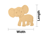 Measurement chart of a MDF DIY cartoon elephant with labeled length and width on a white background