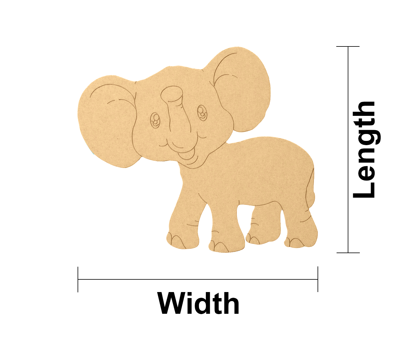 Measurement chart of a MDF DIY cartoon elephant with labeled length and width on a white background