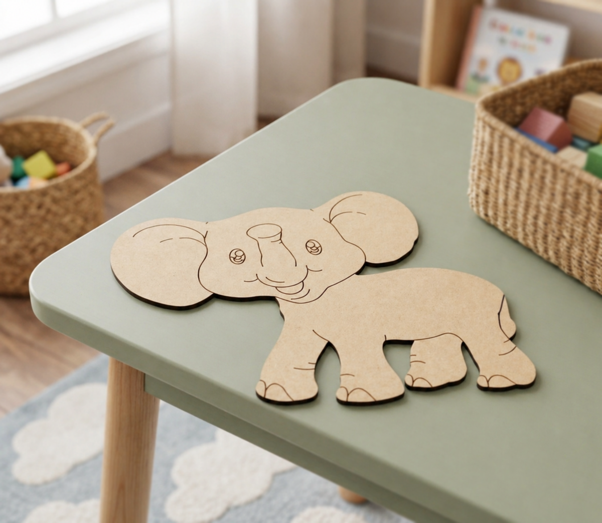 MDF DIY elephant cutout on a green table in a child's room with toys and books.