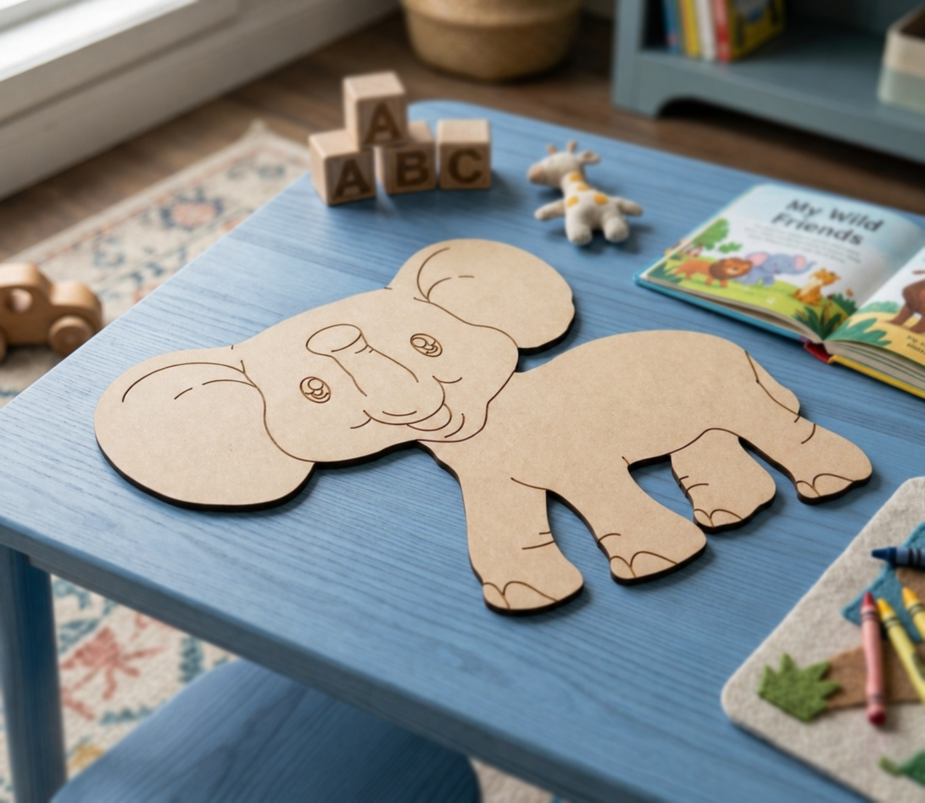 MDF DIY  elephant cutout on a blue table with children's toys and books in the background.
