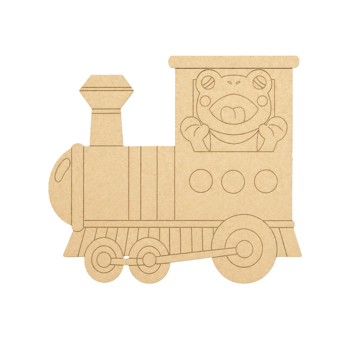 MDF DIY  toy train with a bear face on the front, on a white background