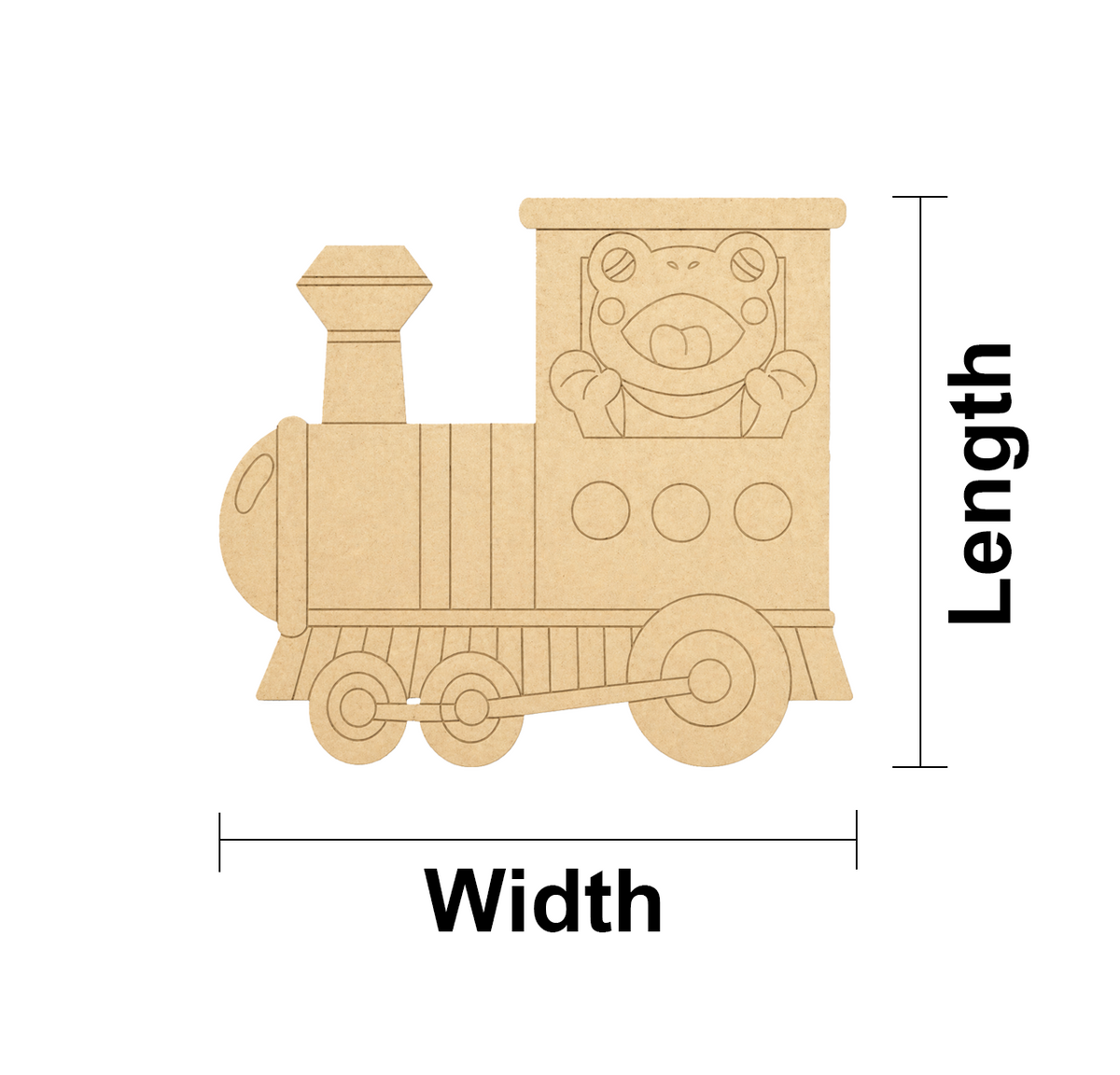 MDF DIY train-shaped cutout with dimensions labeled on a white background