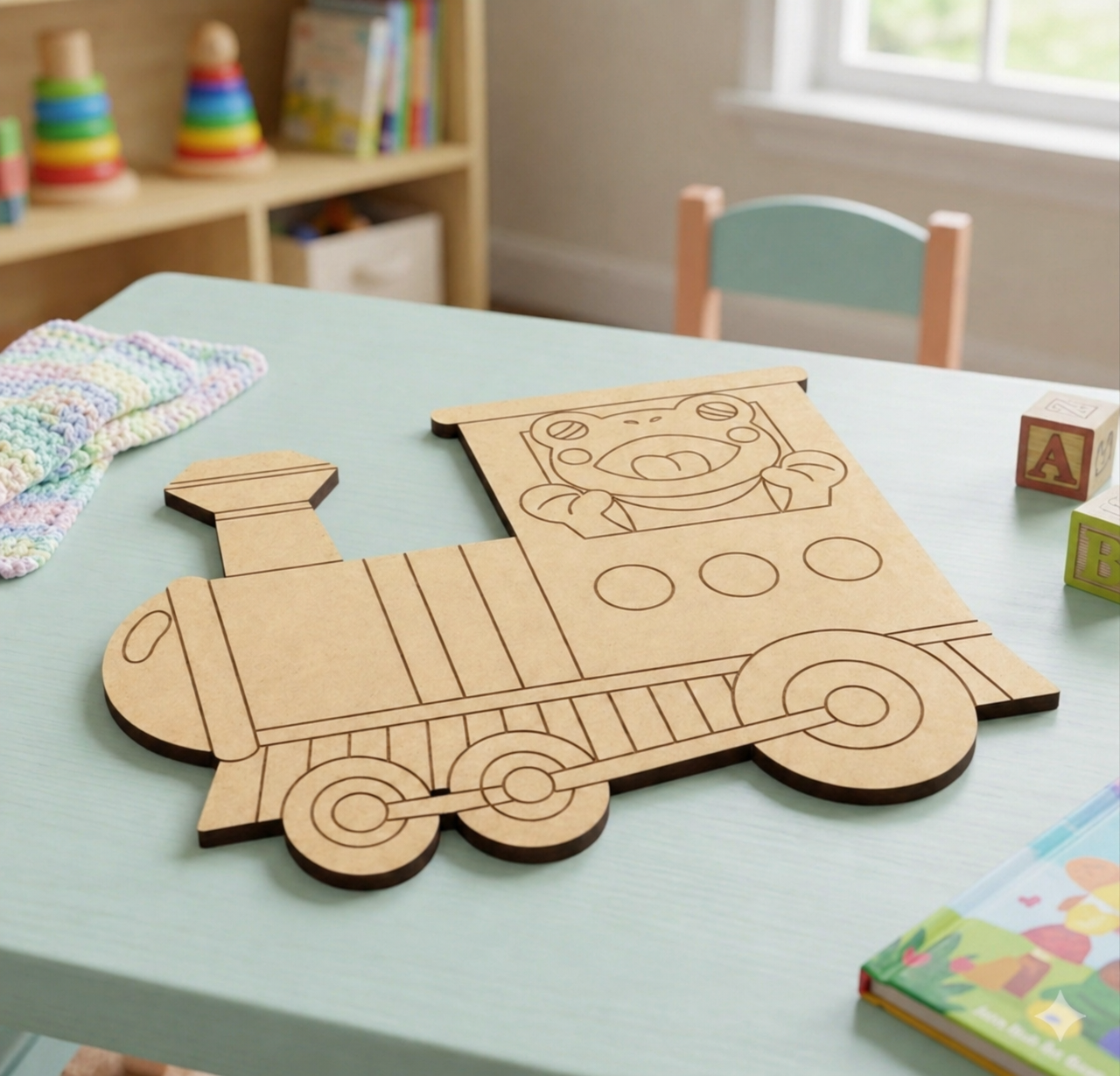 MDF DIY  toy train on a table with colorful blocks and books in the background