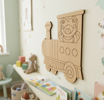MDF DIY  train toy on a wall in a child's room with books and toys around