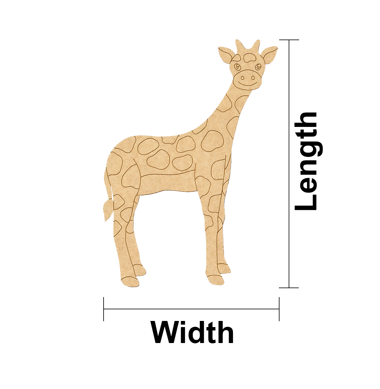 MDF DIY  giraffe cutout with measurements labeled on a white background