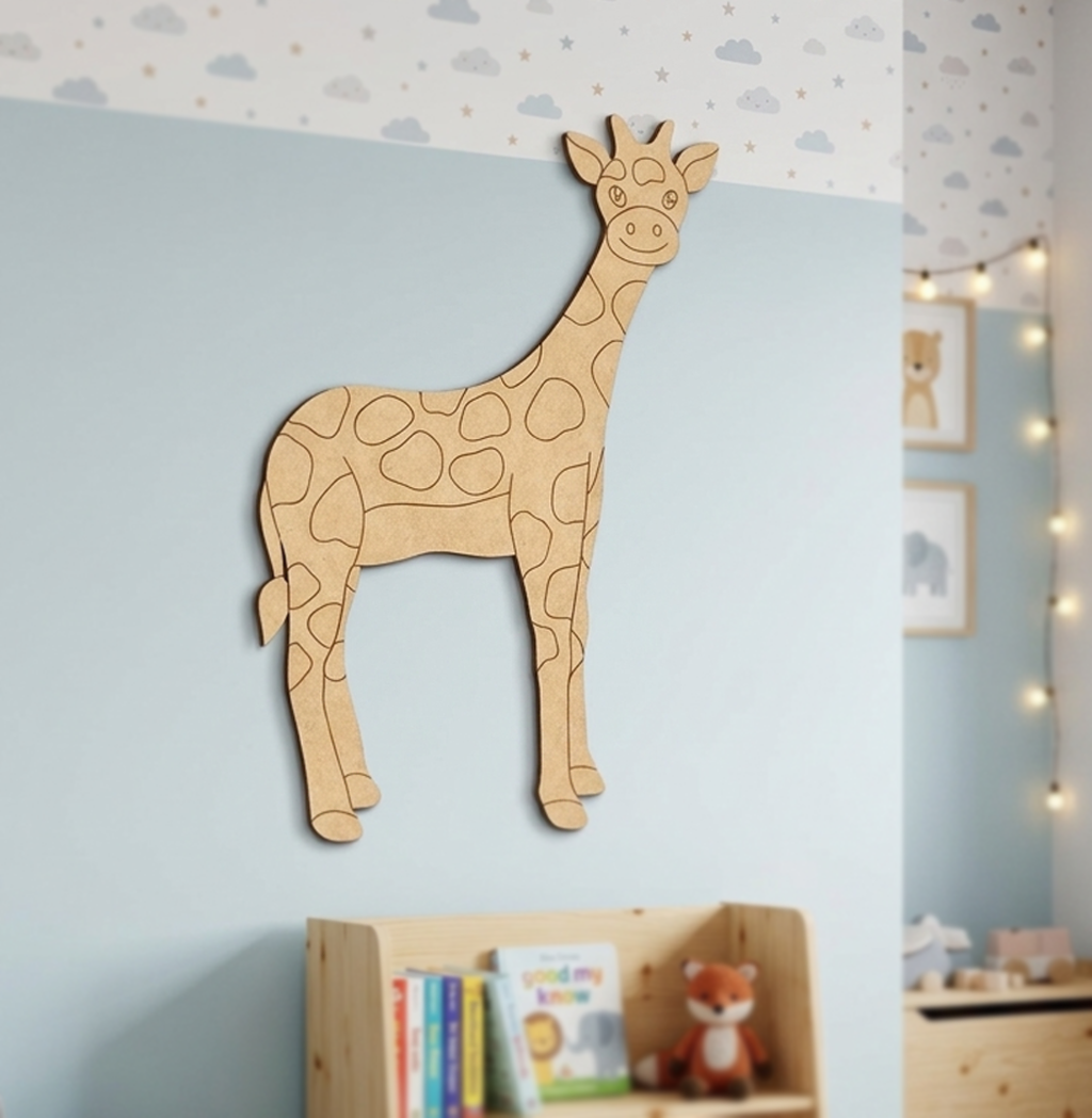 MDF DIY  giraffe wall decoration in a child's room with books and toys.