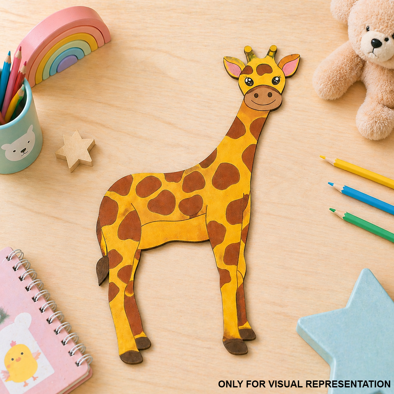 MDF DIY  Colorful cutout giraffe model on a wooden surface with stationery items.