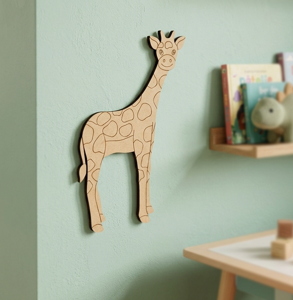 MDF DIY  giraffe wall decoration on a light green wall with books in the background.