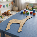 MDF DIY  giraffe cutout on a blue table with colorful blocks and toys in the background