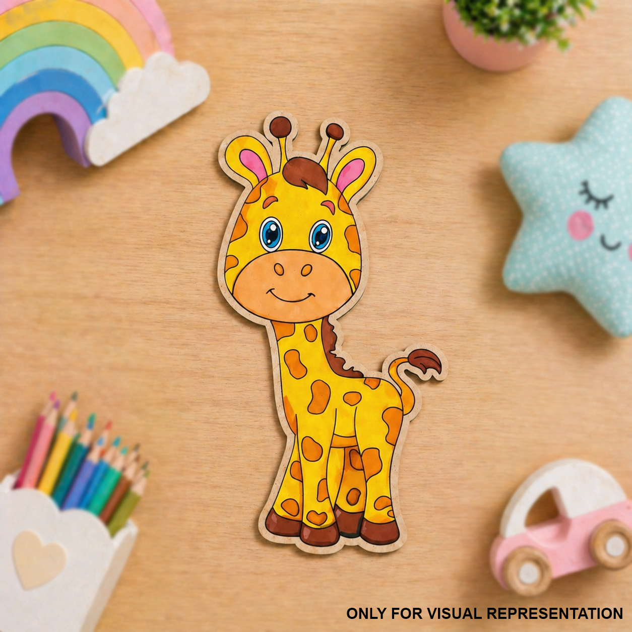 MDF DIY giraffe toy on a wooden surface with colorful pencils and toys around.