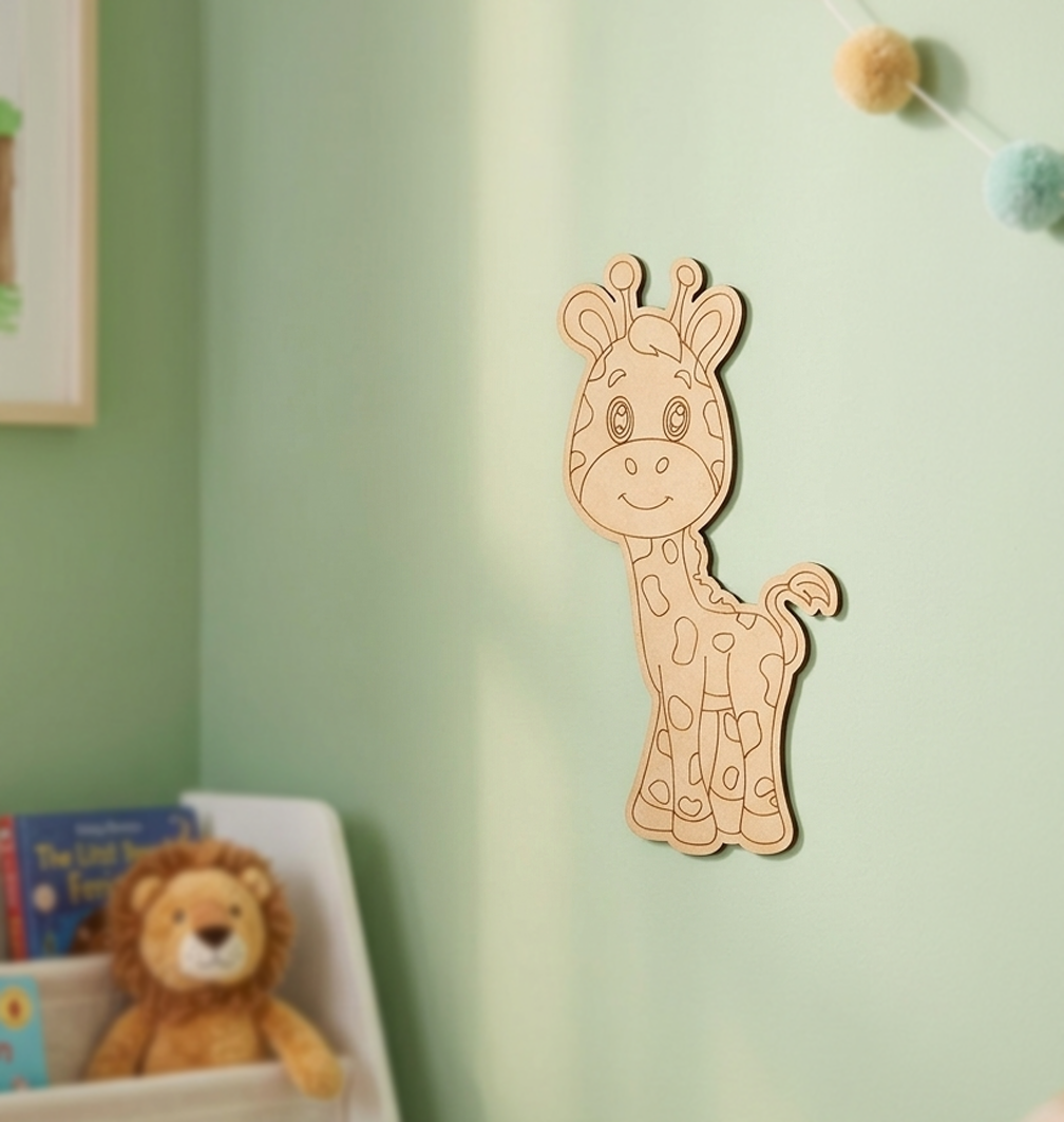 MDF DIY  giraffe decoration on a light green wall with books and a lion toy in the background.
