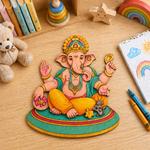 Colorful Ganesha statue on a MDF DIY surface with toys and books in the background