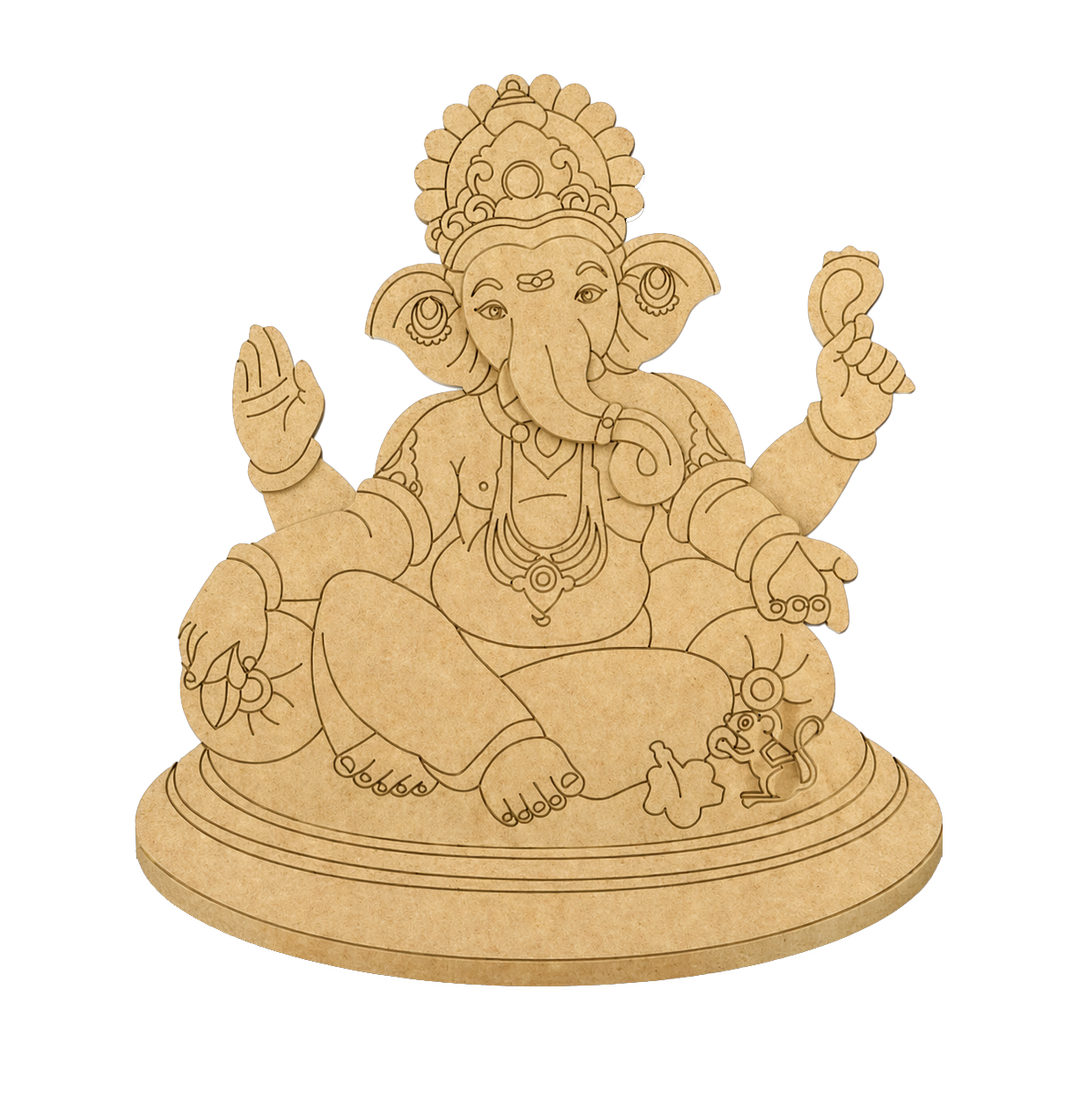 MDF DIY sculpture of a sitting figure with multiple arms on a white background