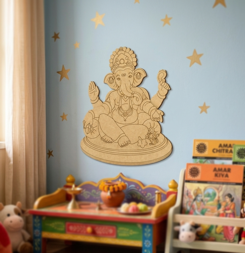 MDF DIY  deity figure on a wall in a child's room with toys and books.
