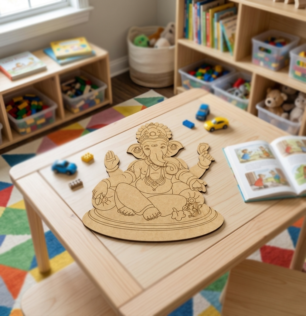 MDF DIY cutout of a deity on a child's table with toys and books in the background