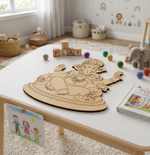 MDF DIY  cutout of a deity on a table in a child's playroom with toys and books around.