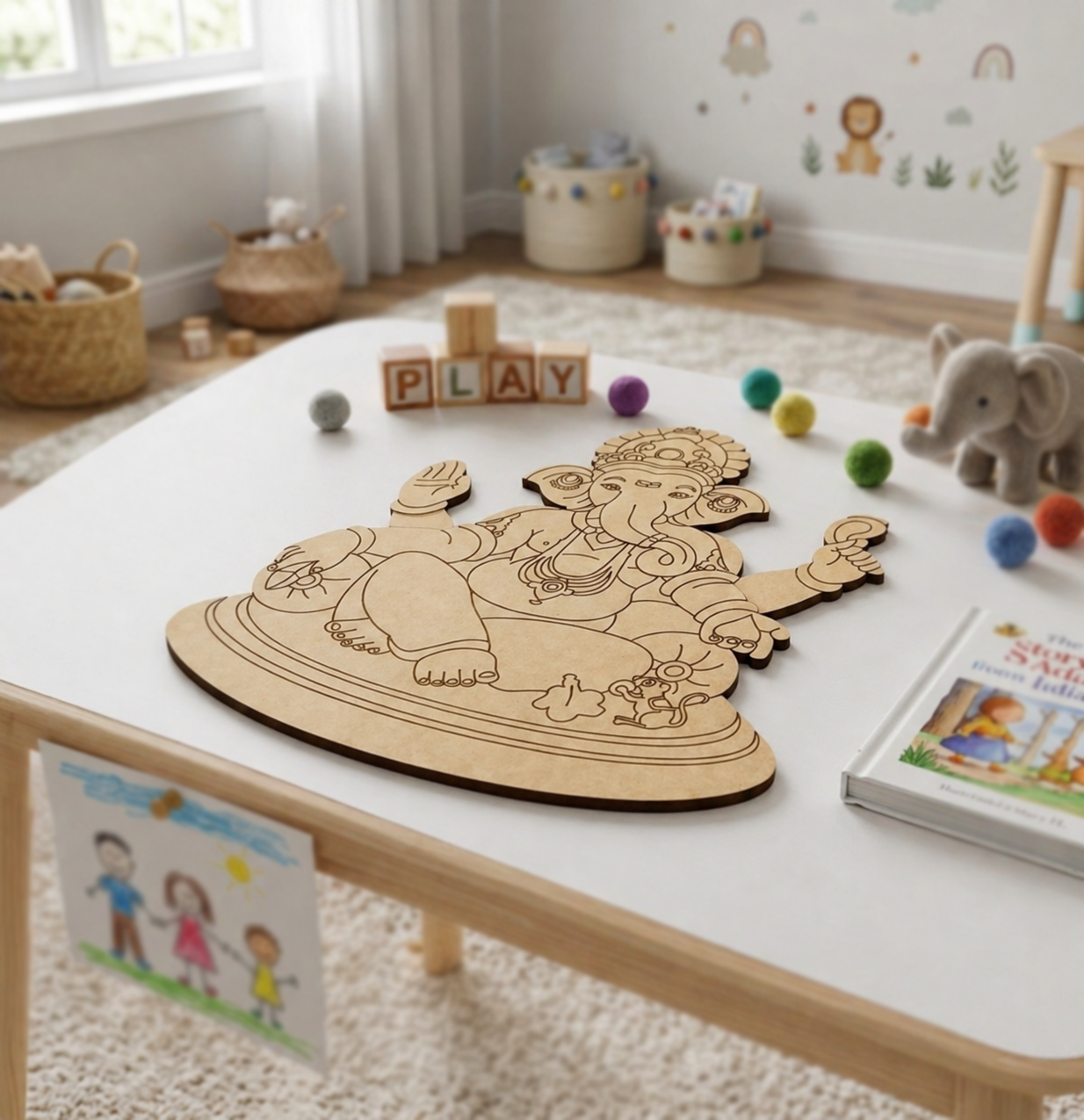 MDF DIY  cutout of a deity on a table in a child's playroom with toys and books around.