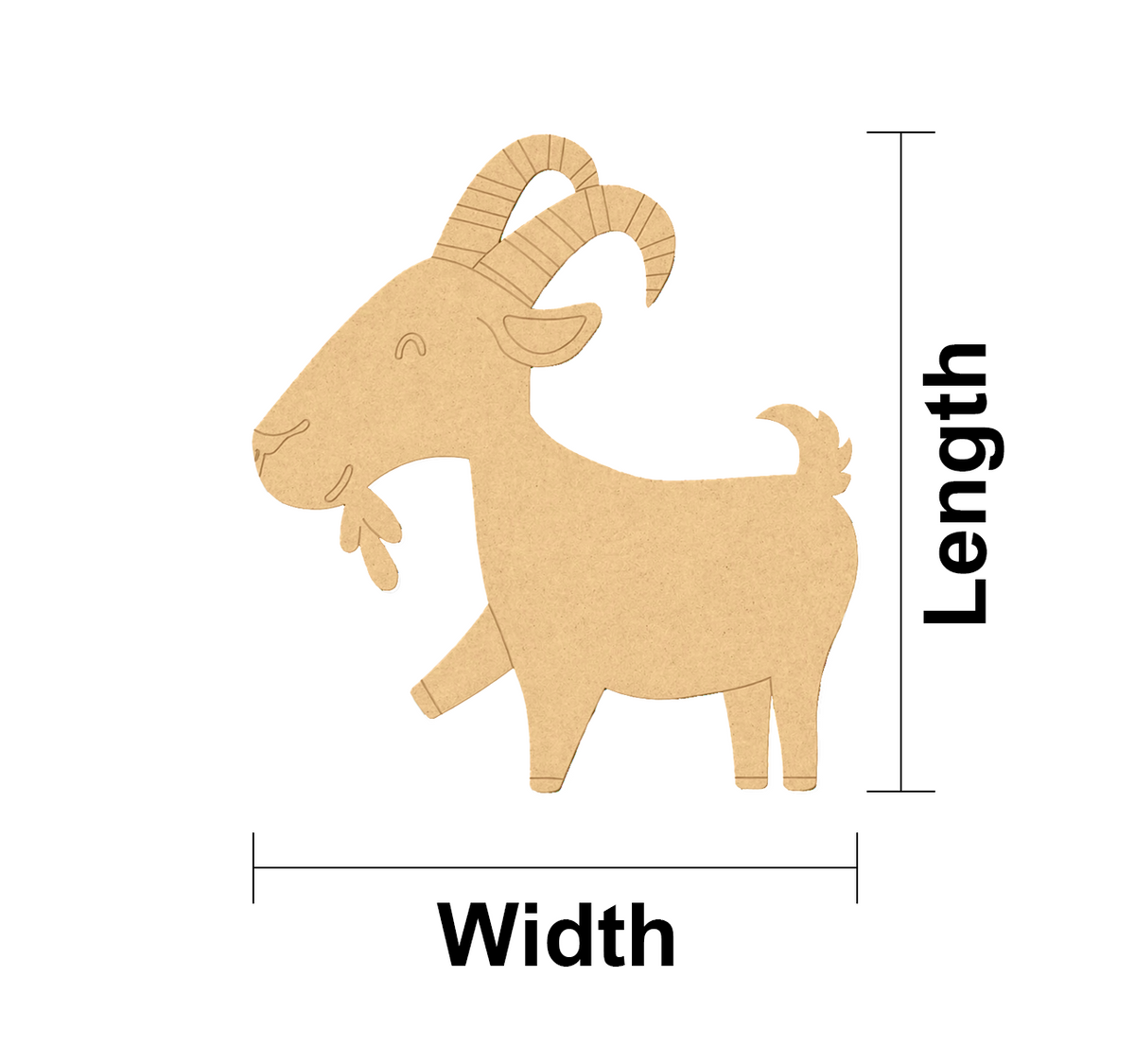 MDF DIY  goat cutout with measurements labeled on a white background