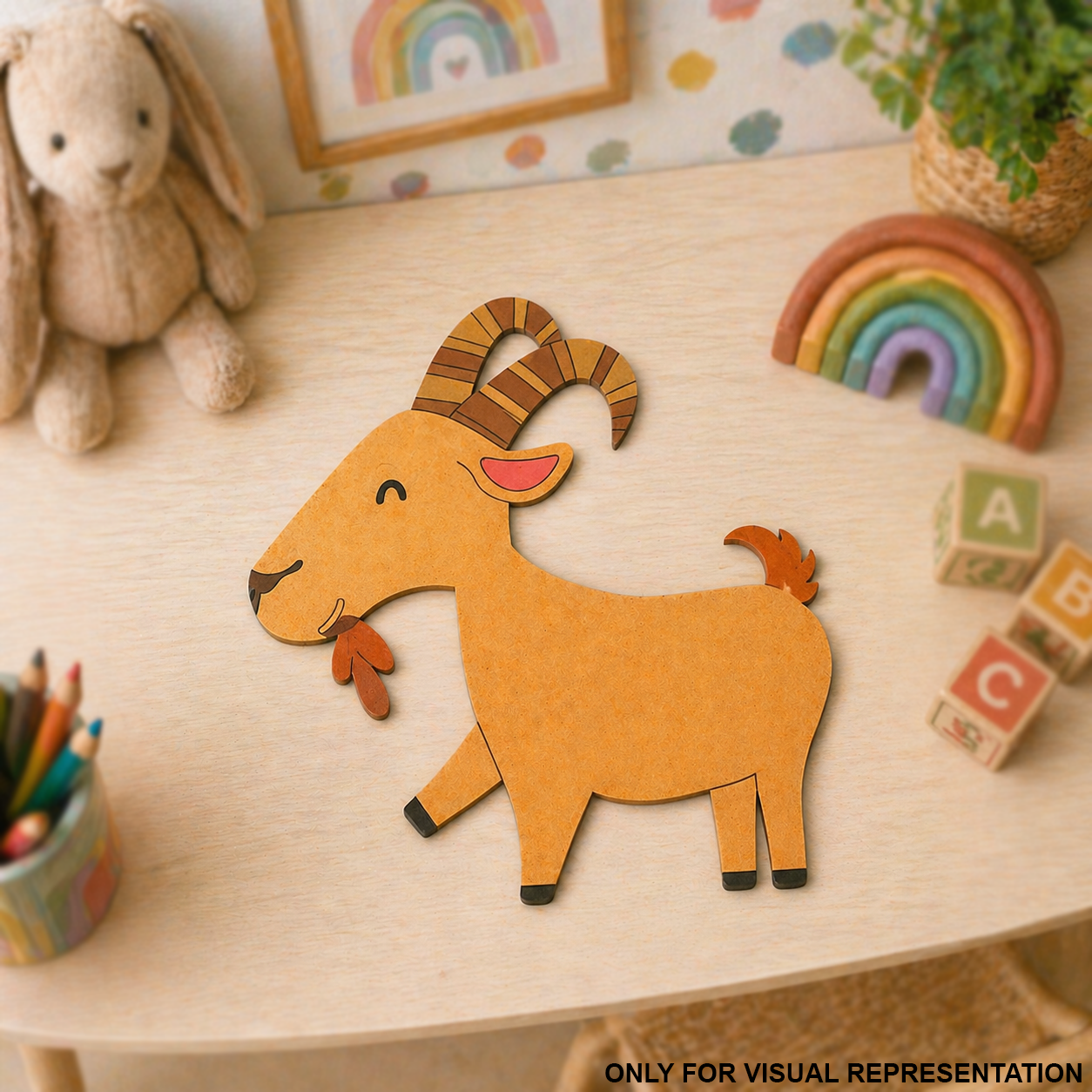 MDF DIY  goat cutout on a table with toys and decorations in the background