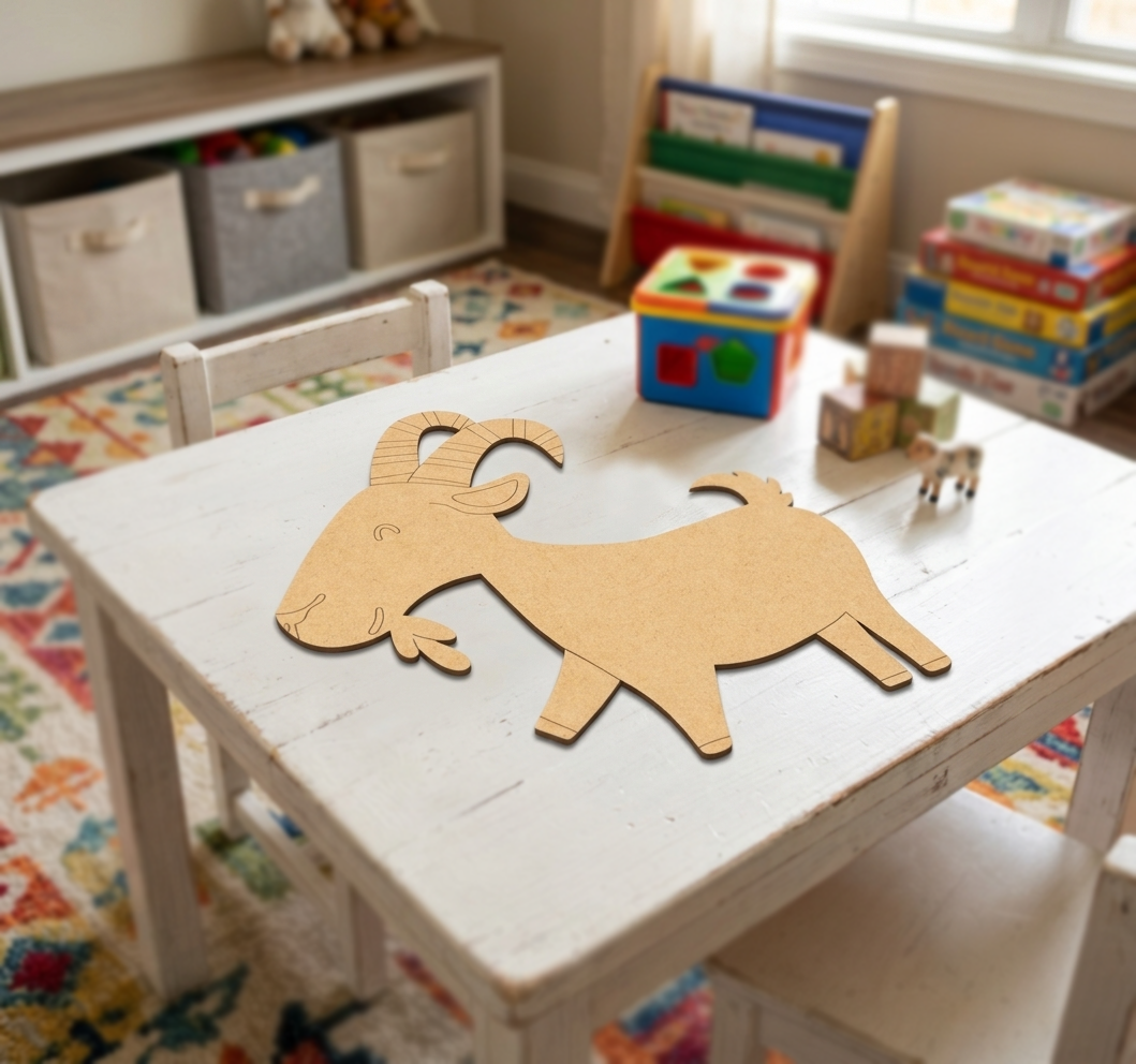 MDF DIY  goat cutout on a children's table with toys in the background