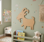 MDF DIY  goat wall decoration in a child's room with books and a plush toy on a shelf.