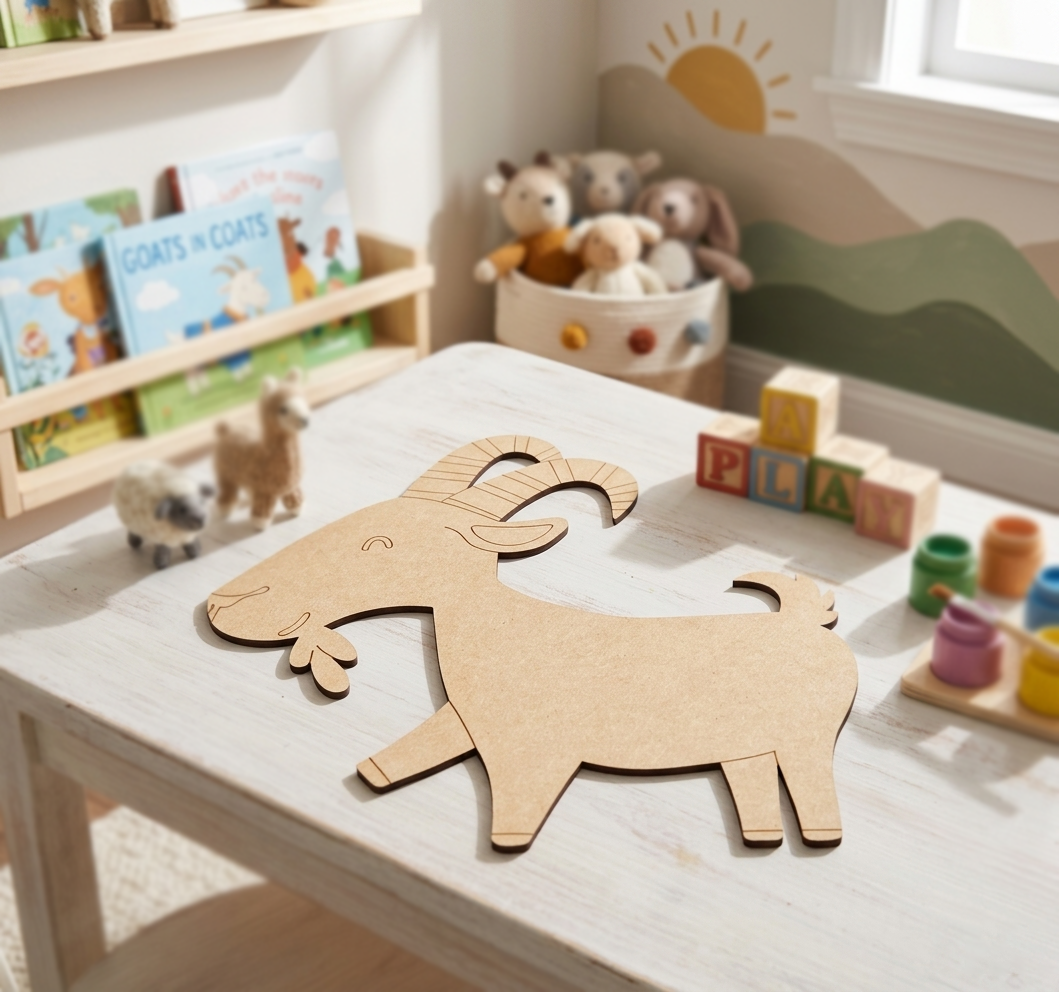 MDF DIY  goat toy on a table in a child's playroom with books and toys in the background.