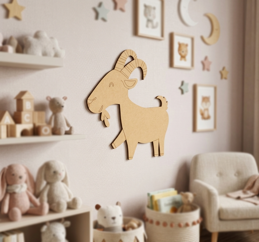 MDF DIY  goat wall decoration in a child's room with toys and furniture.
